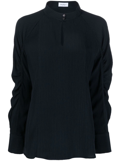 Ferragamo Keyhole-neck Longsleeved Silk Blouse In Blue