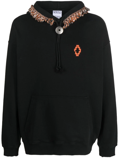 Marcelo Burlon County Of Milan Marcelo Burlon Men's Black Orange Fringed-trim Cotton Pullover Hoodie