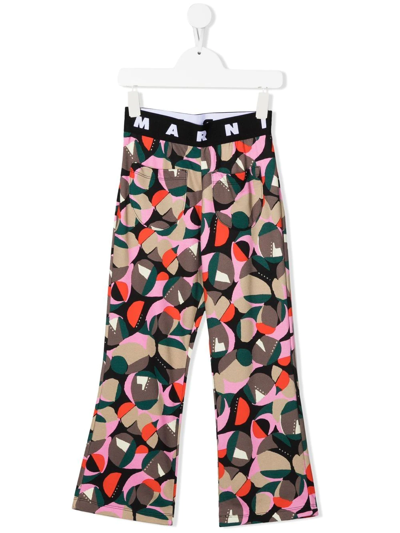 Marni Kids' Graphic-print Logo-waistband Trousers In Black