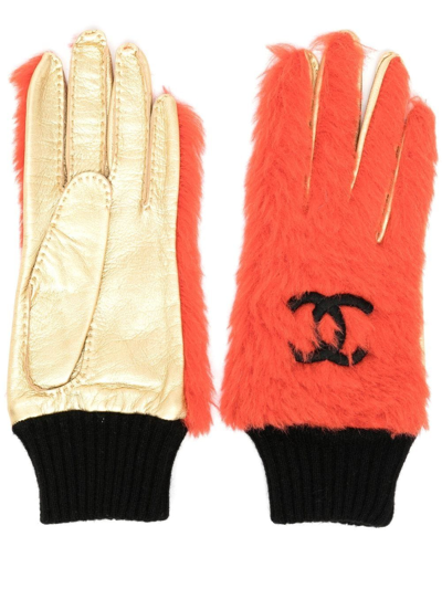 Pre-owned Chanel 2000s Logo Faux-fur Leather Gloves In Orange
