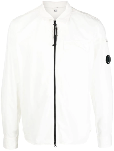 C.p. Company Gabardine Long Sleeve Zip Shirt In White