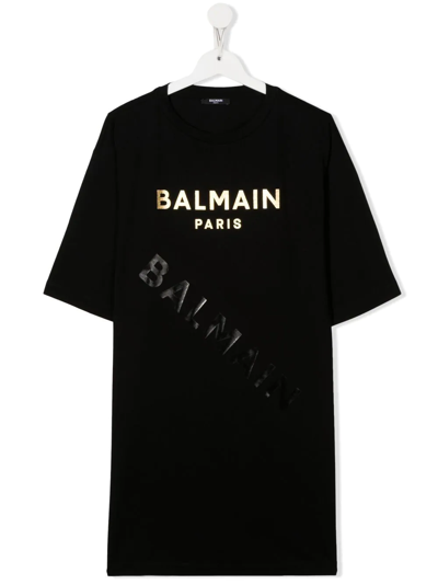 Balmain Kids' Logo-print T-shirt Dress In Black