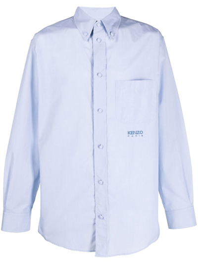 Kenzo Logo-embroidered Buttoned-collar Shirt In Blue