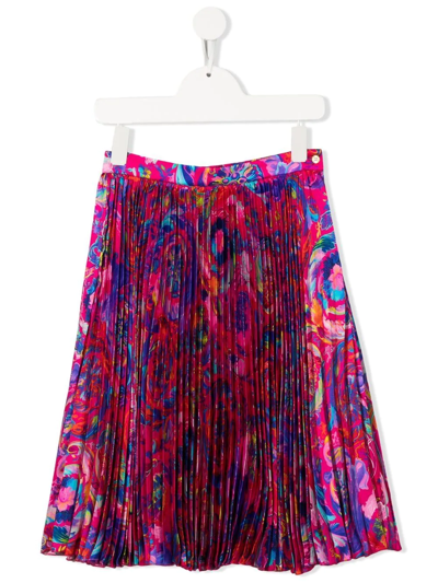 Versace Kids' Kaleidoscopic Barocco Pleated Skirt In Pink