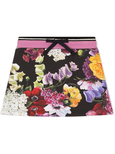 Dolce & Gabbana Kids' Black Hydrangea Print Cotton Skirt In Multicolor