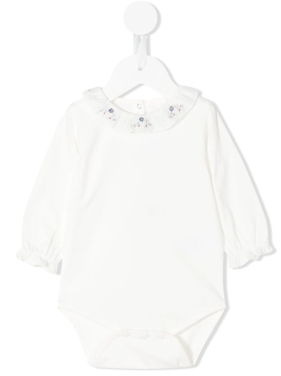Tartine Et Chocolat Babies' Floral-embroidered Ruffle-trim Body In White