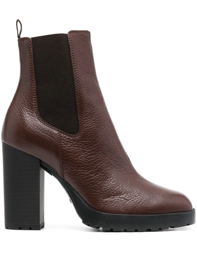 Hogan Logo-tab Leather Ankle Boots In Marrone