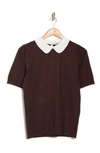 Adrianna Papell Hammered Satin Collar Short Sleeve Sweater In Deep Chocolate Ivory Clip Dot