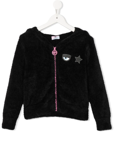 Chiara Ferragni Kids' Logo刺绣毛巾布连帽衫 In Black