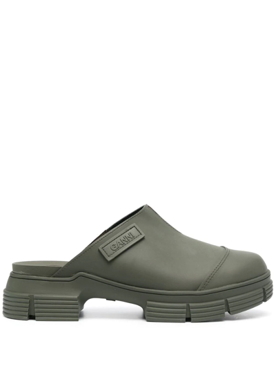 Ganni Logo-patch Recycled-rubber Mules In Green