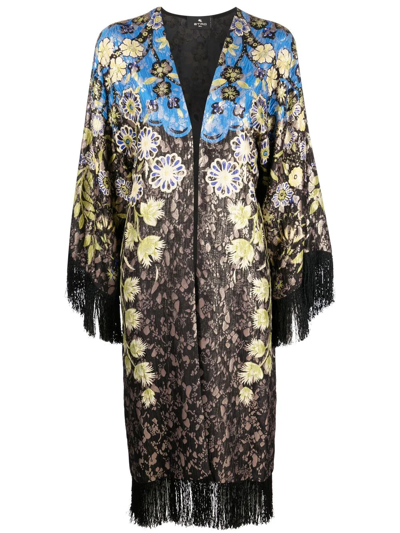 Etro Floral-pattern Fringed Poncho In Black