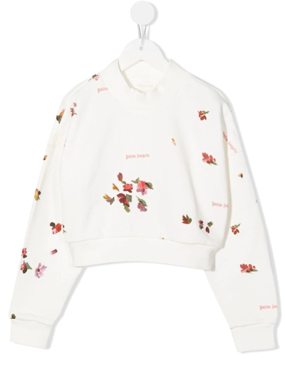 Palm Angels Kids' Floral-print Cropped Sweatshirt In White