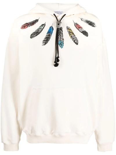 Marcelo Burlon County Of Milan Feather-print Pullover Hoodie In Beige