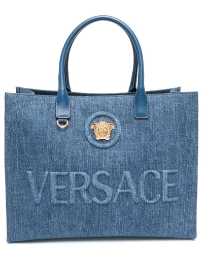 Versace Medusa Denim Tote Bag In Black