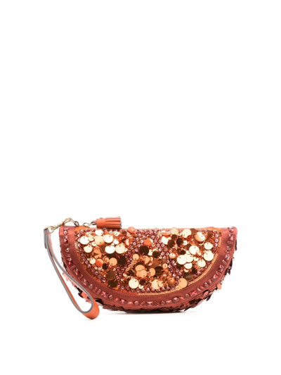 Anya Hindmarch Sequined Recycled Satin And Leather Clutch In Brown