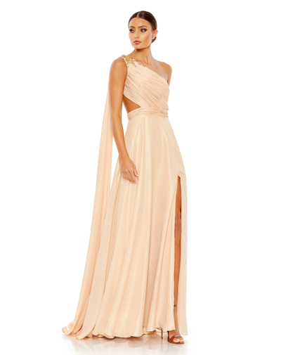 Mac Duggal Float One Shoulder Open Back Flowy Gown In Gold/nude