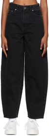 Ganni Black Pants With High Waist And Logo Patch On The Rear In Cotton Woman In 006 Washed Black/bla