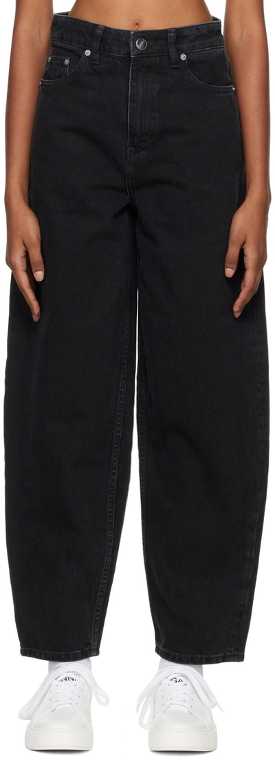 Ganni Black Pants With High Waist And Logo Patch On The Rear In Cotton Woman