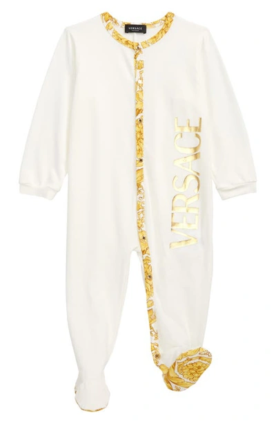 Versace Kids' Barocco Trim Cotton Knit Footie In Bianco Oro