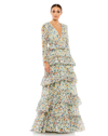 MAC DUGGAL FLORAL PRINTED TIERED RUFFLE LONG SLEEVE GOWN