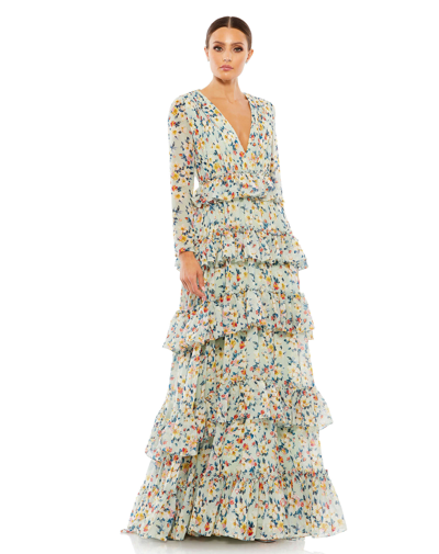 Mac Duggal Floral Printed Tiered Ruffle Long Sleeve Gown In Multi