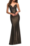 LA FEMME OPEN BACK METALLIC JERSEY GOWN
