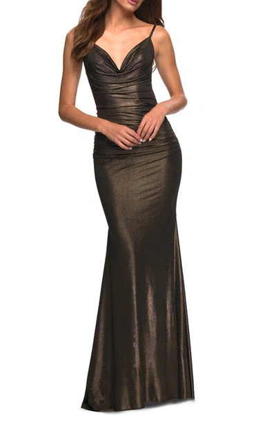 LA FEMME OPEN BACK METALLIC JERSEY GOWN 