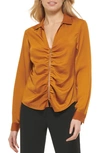 Dkny Ruched V-neck Hammered Satin Blouse In Roasted Pecan