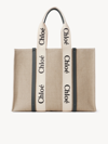 Chloé Large Woody Tote Bag In Linen White Size Onesize 100% Linen, Calf-skin Leather, Polyester In Blanc