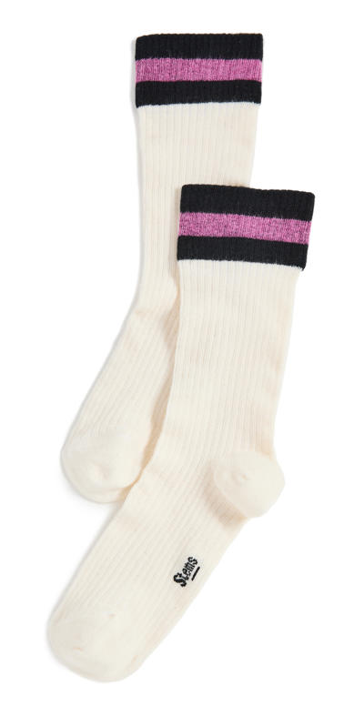 Stems Rib Varsity Stripe Cotton & Cashmere Blend Crew Socks In Ivory/hot Pink