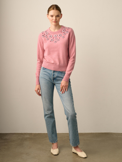 White + Warren Cashmere Floral Embroidered Crewneck Top In Rose Gold