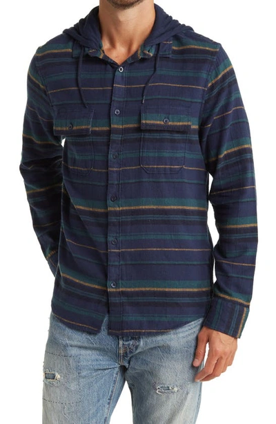 Abound Retro Hooded Flannel Shirt In Navy- Green Retro Stripe