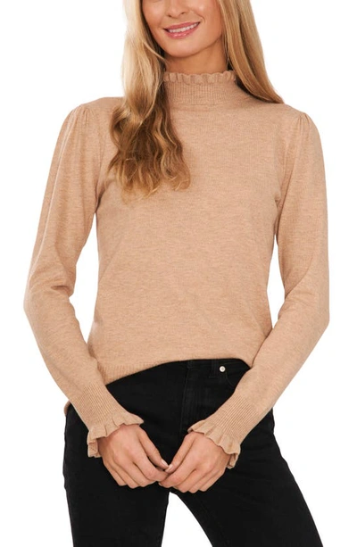 Cece Ruffle Mock Neck Jumper In Latte Heather