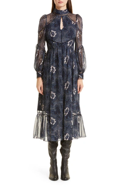 Ted Baker Deluna Ladder Trim Insert High Neck Midi Dress In Navy
