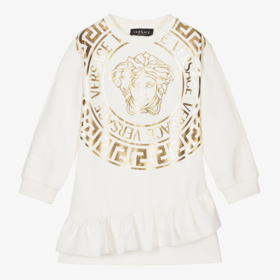 Versace Kids' Girls Ivory & Gold Medusa Dress In White