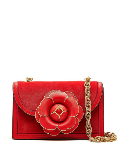 Oscar De La Renta Classic Flower Velvet Chain Shoulder Bag In Red