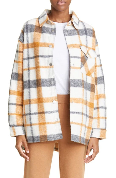 Monrow Plaid Snap-front Shacket In Black Natural Camel