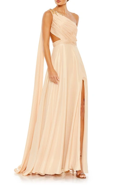 Mac Duggal Float One Shoulder Open Back Flowy Gown In Gold Nude