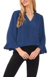 Cece Ruffle Cuff Crepe Top In Night Horizon