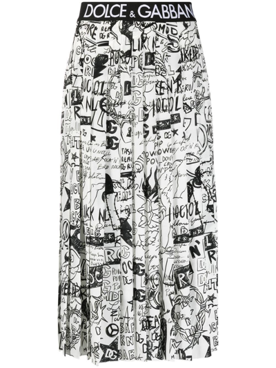 Dolce & Gabbana Graffiti-print Pleated Skirt In Black