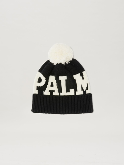 Palm Angels Logo Wool Blend Knit Beanie W/ Pompom In Black