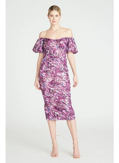 ml Monique Lhuillier Off-the-shoulder Printed Organza Midi-dress In Purple