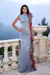 REVERIE COUTURE BEADED SATIN GOWN WITH DRAPING