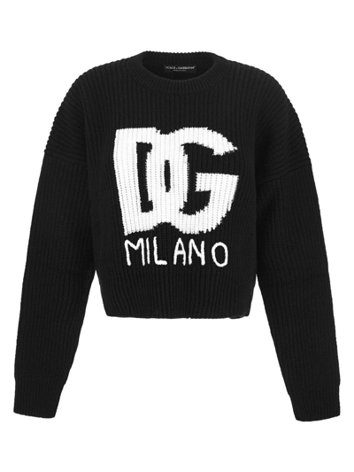 Dolce & Gabbana Intarsia Knit Logo Crop Virgin Wool Rib Sweater In Black