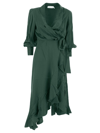 Zimmermann Asymmetric Ruffled Silk-satin Midi Wrap Dress In Green