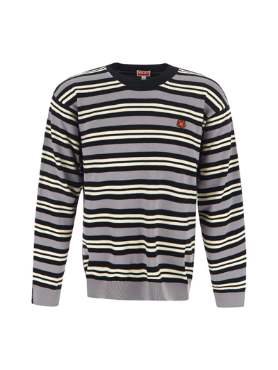 Kenzo Floral-embroidered Striped Jumper In Grey