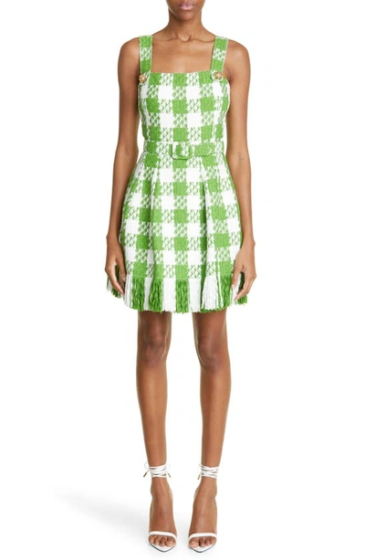 Oscar De La Renta Belted Fringed Checked Cotton-blend Tweed Mini Dress In Aloe/ivory