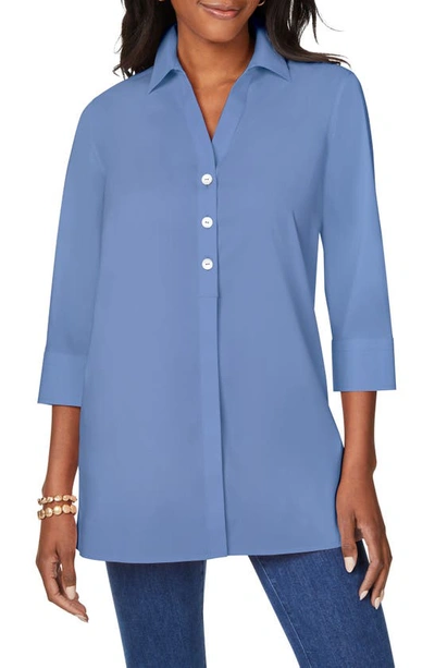 Foxcroft Pamela Stretch Button-up Tunic In Blue Denim