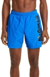 Alexander Mcqueen Graffiti Logo Swim Trunks In Royal/ Black