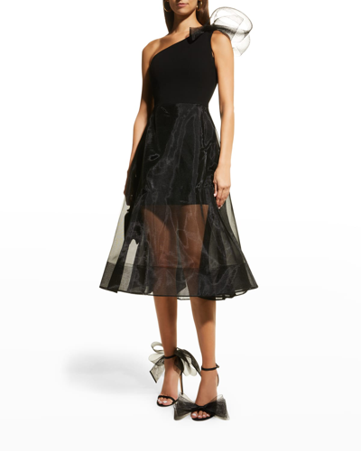Romona Keveza Sculptural Tulle One-shoulder Fit-&-flare Midi Dress In Black